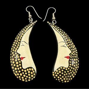 Hand-Painted Wooden Portrait Earrings With Black & Gold Polka Dot Design
